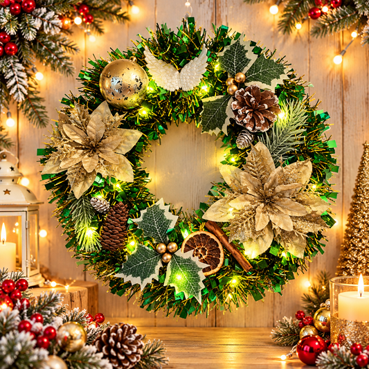 Elegant Green & Gold Christmas Wreath Luxury Handmade Holiday Door Decoration