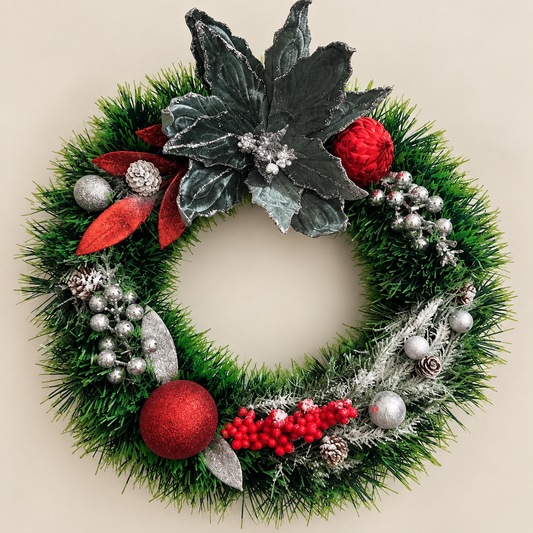 40cm Christmas Door Wreath – Handmade Red, Green & Gold or Silver Festive Wreath with Lights