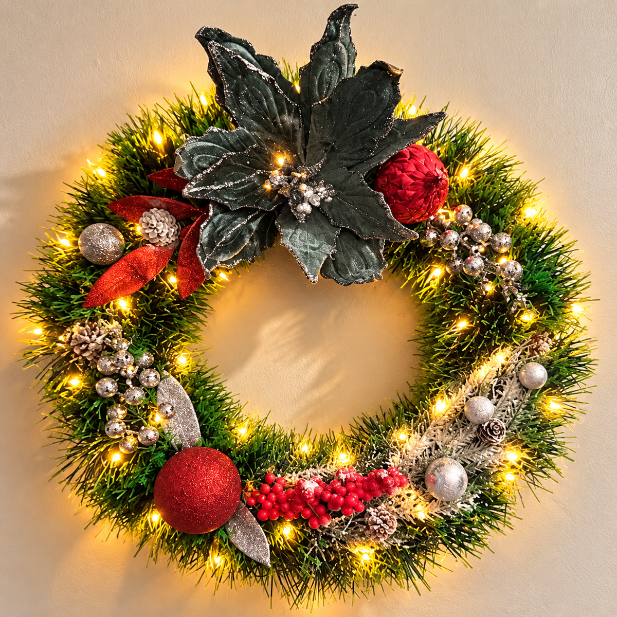 40cm Christmas Door Wreath – Handmade Red, Green & Gold or Silver Festive Wreath with Lights