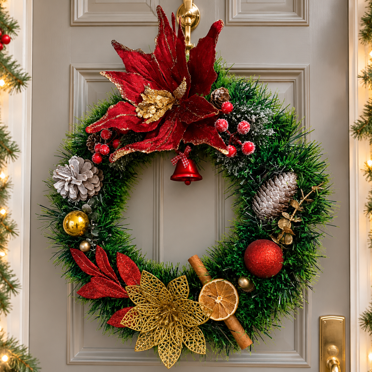 40cm Christmas Door Wreath – Handmade Red, Green & Gold or Silver Festive Wreath with Lights