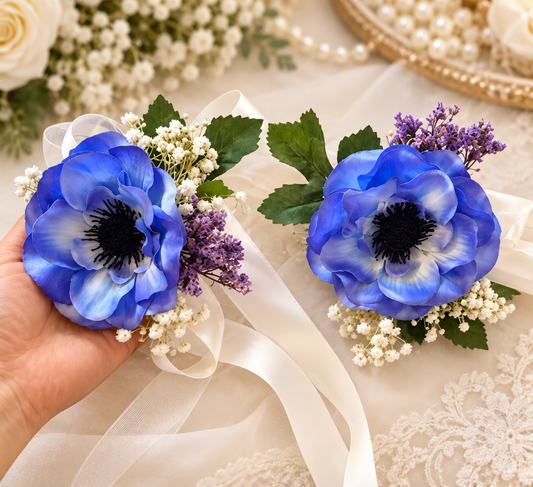 Blue Anemone Corsage Set of 2 with Matching Boutonnière | Wedding Flowers