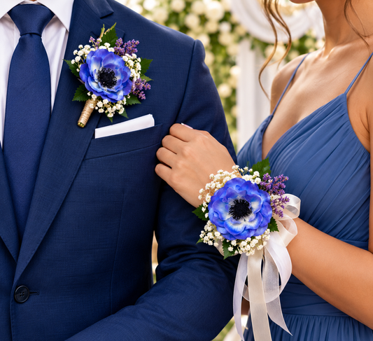 Blue Anemone Corsage Set of 2 with Matching Boutonnière | Wedding Flowers