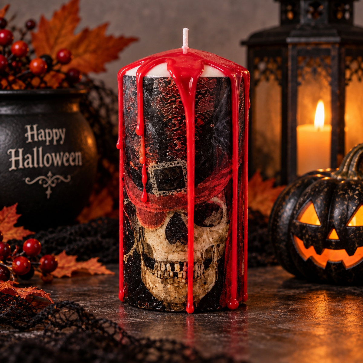 Halloween Skull Pillar Candle – Handmade Gothic Candle with Red Wax Drips
