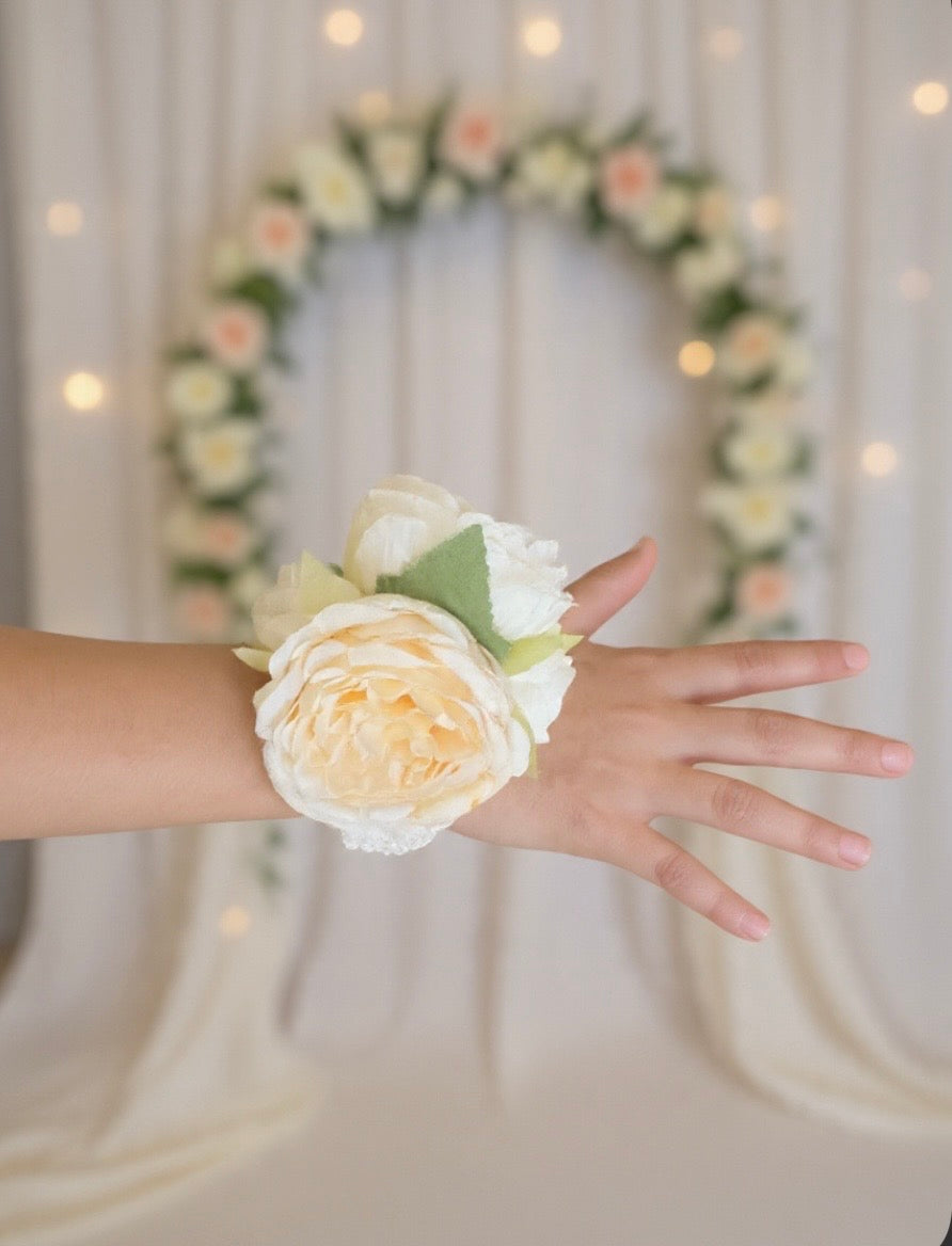 White Peony Flower Girl Wrist Corsage, Pearl Bracelet Corsage, Ivory Cream Wedding Wrist Flower, Flower Girl Accessory