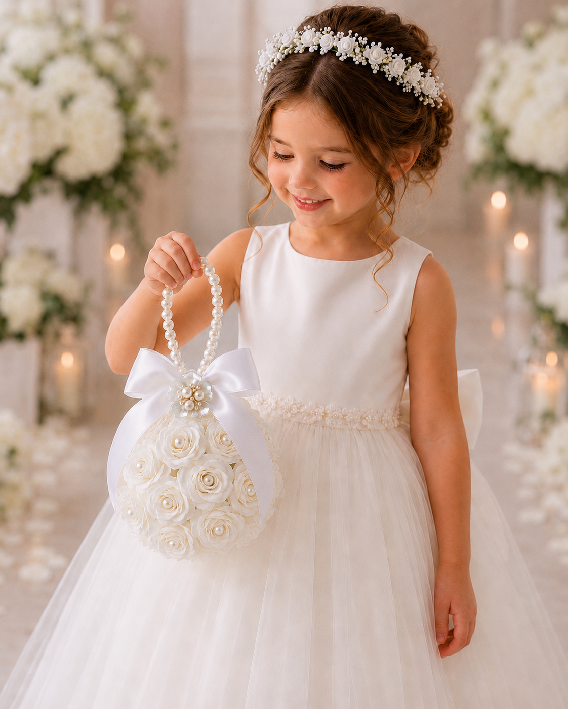 Flower Girl Kissing Ball Pomander Bouquet | White & Ivory (Creamy White) Wedding Flower Ball with Pearl Handle