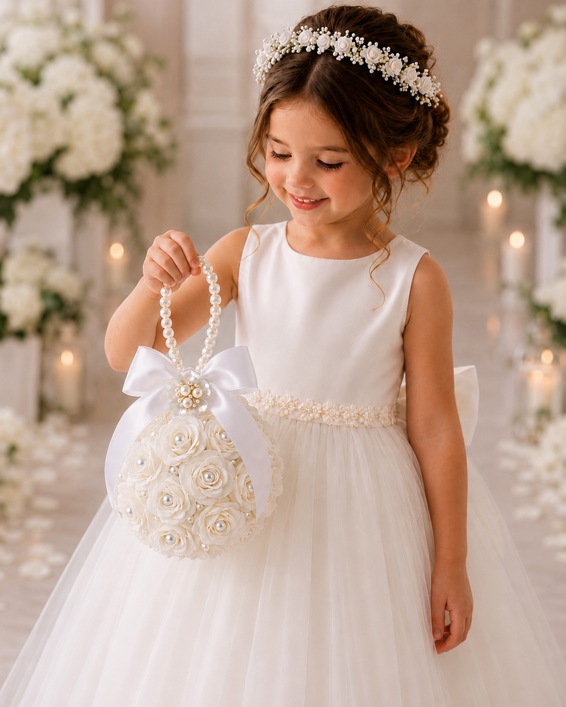 Flower Girl Kissing Ball Pomander Bouquet | White & Ivory (Creamy White) Wedding Flower Ball with Pearl Handle