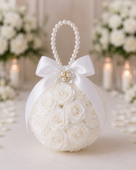 Flower Girl Kissing Ball Pomander Bouquet | White & Ivory (Creamy White) Wedding Flower Ball with Pearl Handle