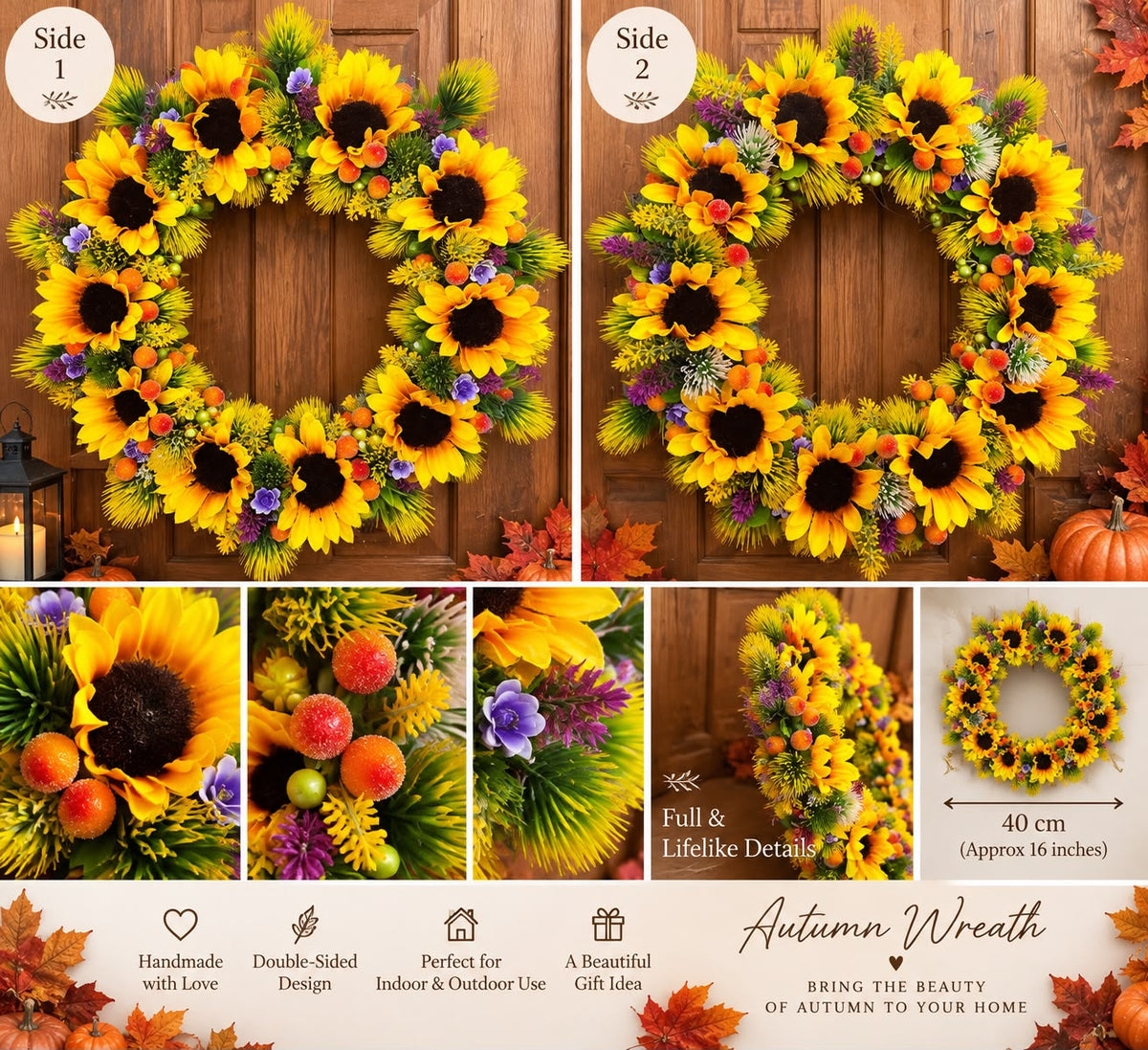 Handmade Sunflower Autumn Wreath With Lights