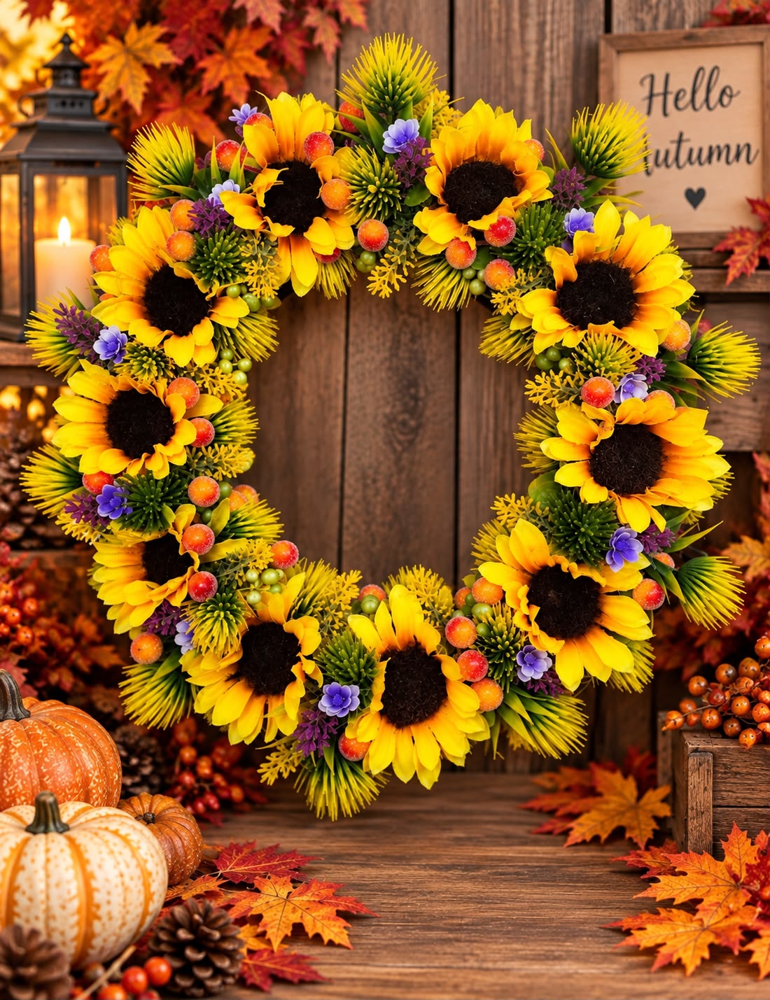 Handmade Sunflower Autumn Wreath With Lights
