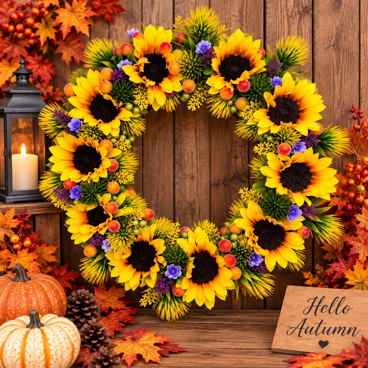Handmade Sunflower Autumn Wreath With Lights