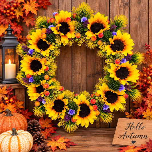 Handmade Sunflower Autumn Wreath With Lights