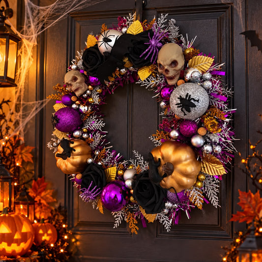 Halloween Wreath 40cm – Black Purple & Orange Skull, Spider & Pumpkin Door Decoration