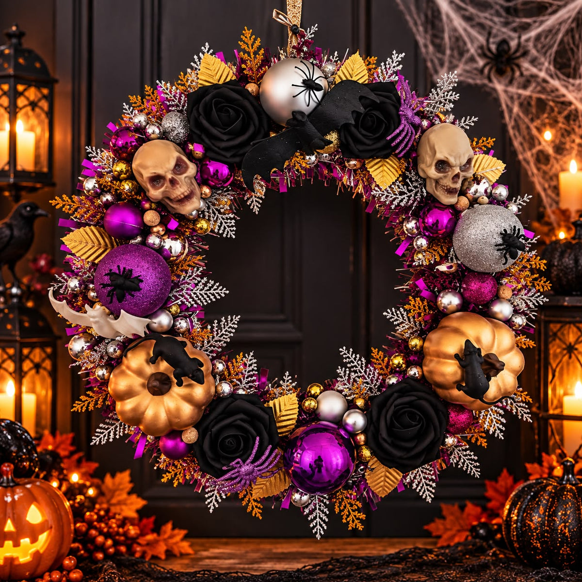 Halloween Wreath 40cm – Black Purple & Orange Skull, Spider & Pumpkin Door Decoration