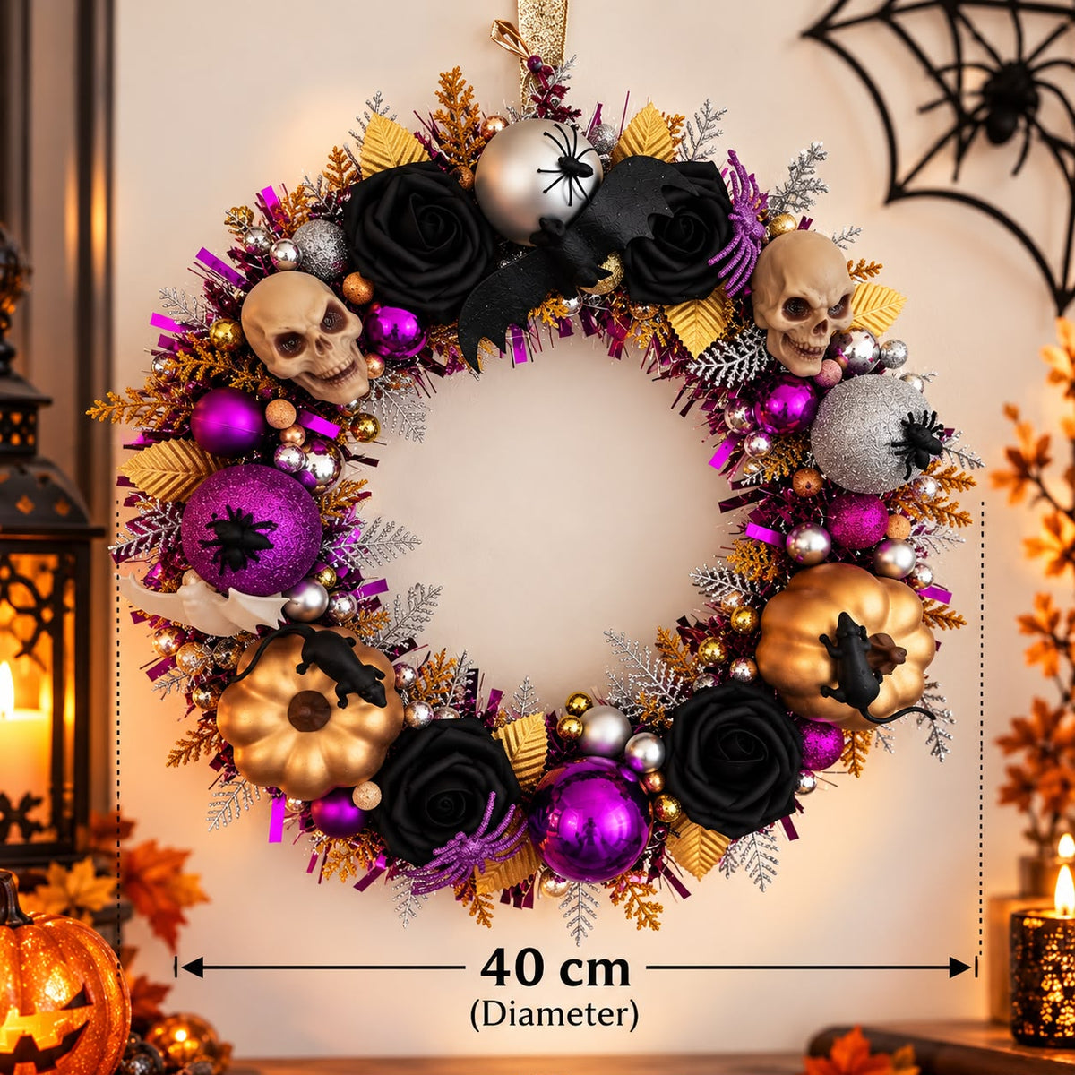 Halloween Wreath 40cm – Black Purple & Orange Skull, Spider & Pumpkin Door Decoration