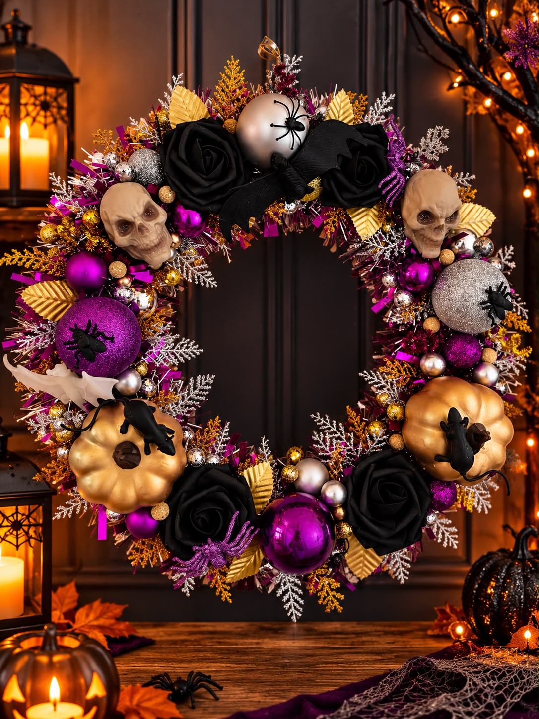 Halloween Wreath 40cm – Black Purple & Orange Skull, Spider & Pumpkin Door Decoration