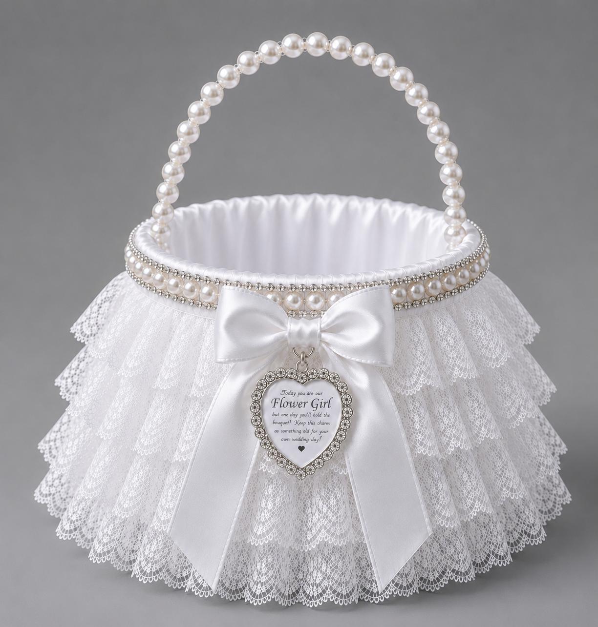 Personalised Flower Girl Basket with Keepsake Charm | Pearl Handle Wedding Basket | White Petal Basket