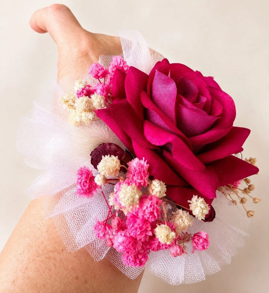 Red Rose Wrist Corsage with Baby's Breath – Handmade Wedding Prom Floral Bracelet