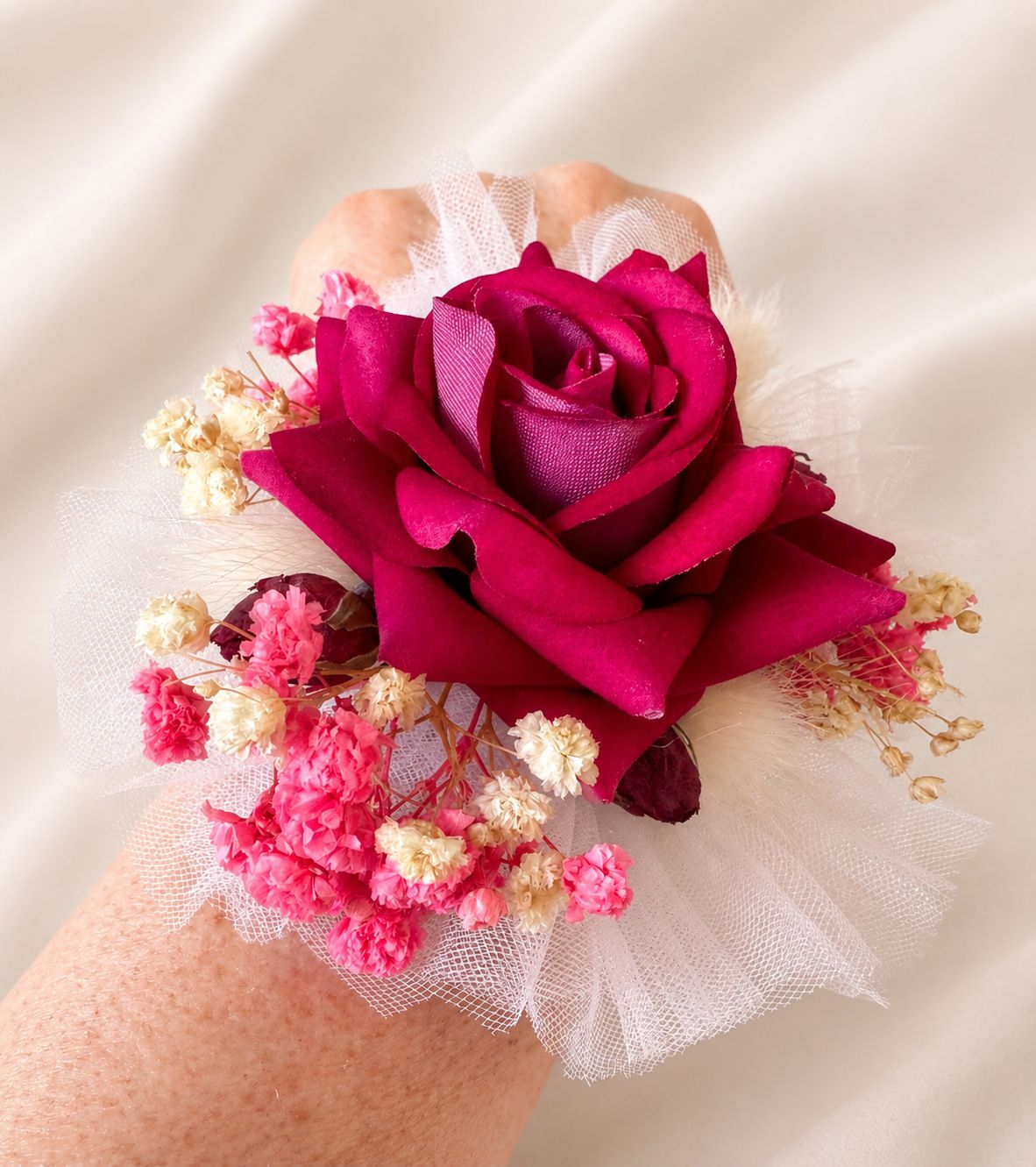 Red Rose Wrist Corsage with Baby's Breath – Handmade Wedding Prom Floral Bracelet