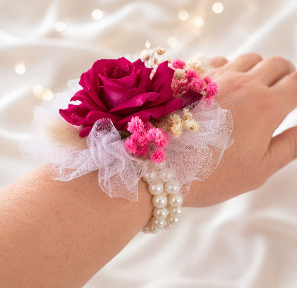 Red Rose Wrist Corsage with Baby's Breath – Handmade Wedding Prom Floral Bracelet