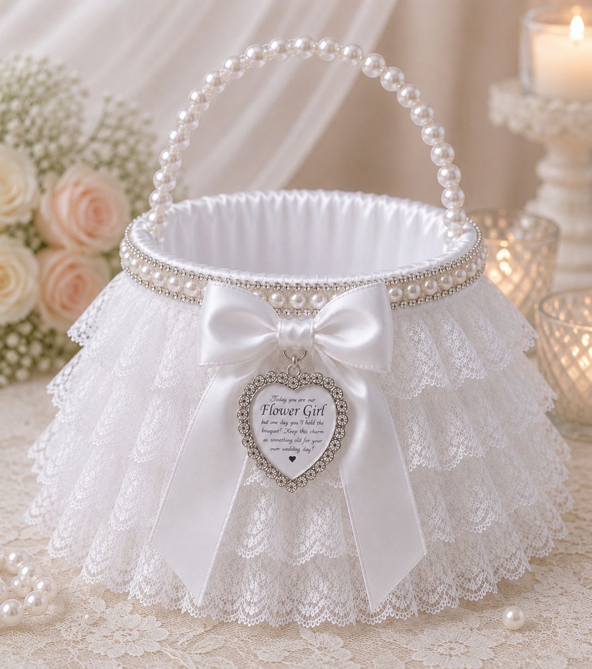 Personalised Flower Girl Basket with Keepsake Charm | Pearl Handle Wedding Basket | White Petal Basket