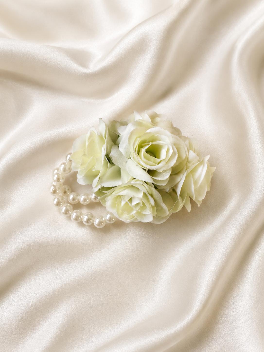 Flower Girl White Rose Wrist Corsage | Elegant Wedding Pearl Bracelet