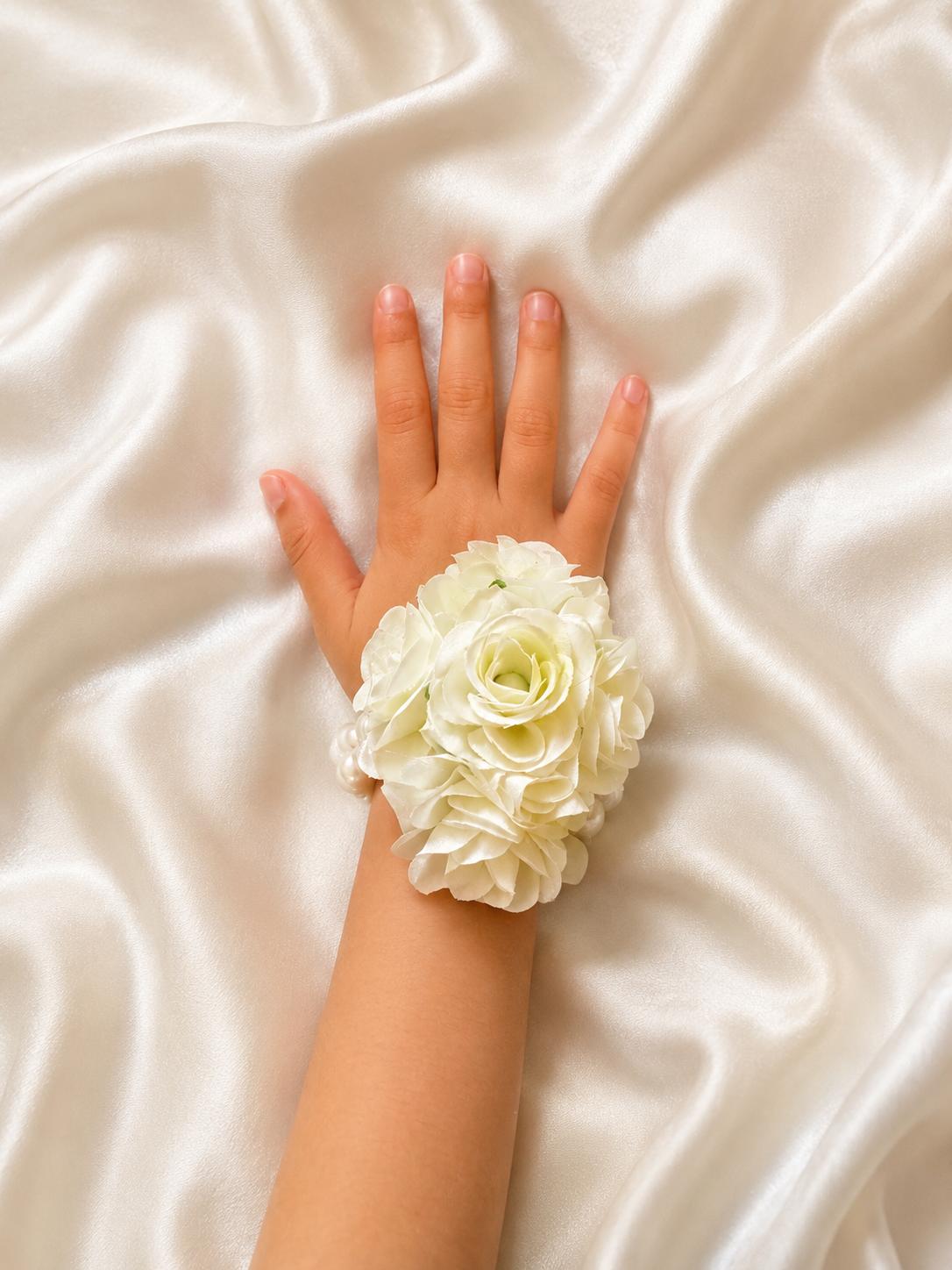 Flower Girl White Rose Wrist Corsage | Elegant Wedding Pearl Bracelet