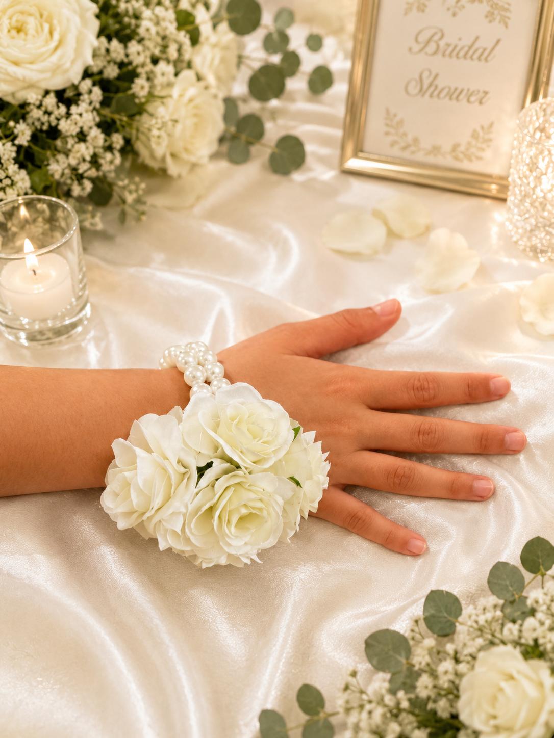 Flower Girl White Rose Wrist Corsage | Elegant Wedding Pearl Bracelet