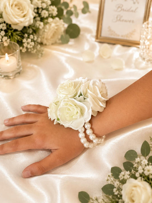 Flower Girl White Rose Wrist Corsage | Elegant Wedding Pearl Bracelet