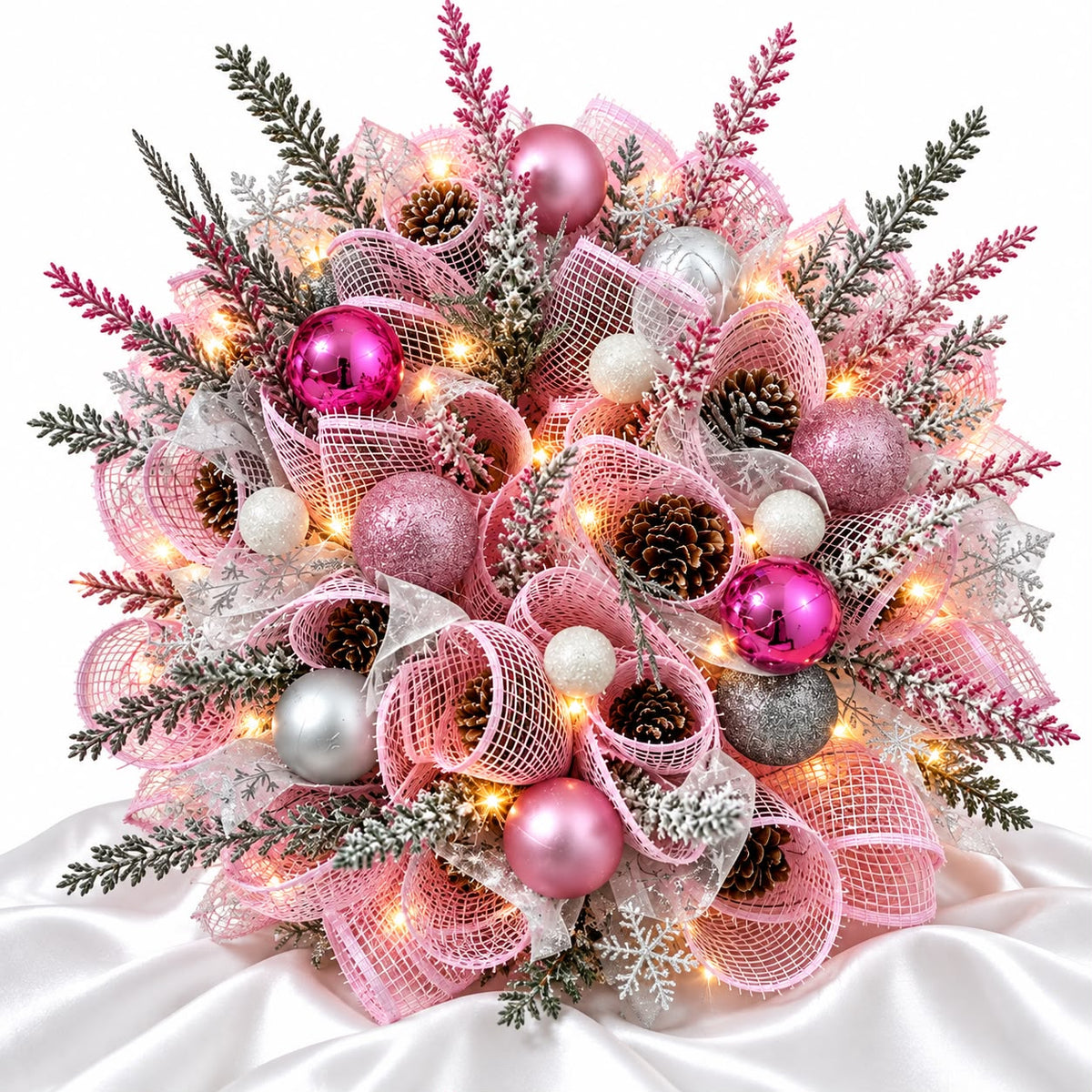 Luxury Pink & Silver Christmas Table Centrepiece – Handmade Festive Decoration with LED Lights