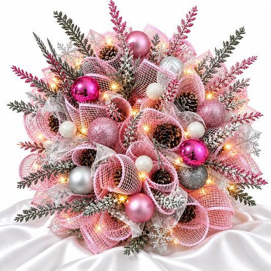 Luxury Pink & Silver Christmas Table Centrepiece – Handmade Festive Decoration with LED Lights
