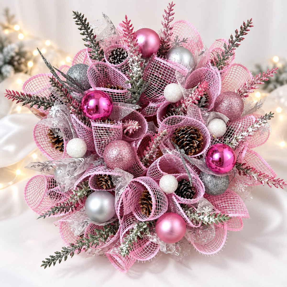 Luxury Pink & Silver Christmas Table Centrepiece – Handmade Festive Decoration with LED Lights