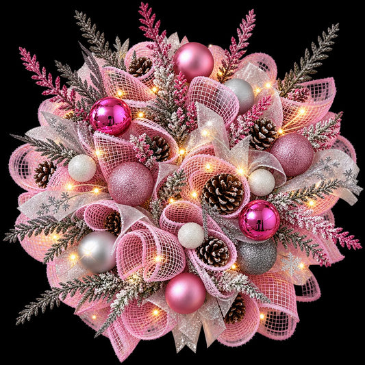 Luxury Pink & Silver Christmas Table Centrepiece – Handmade Festive Decoration with LED Lights
