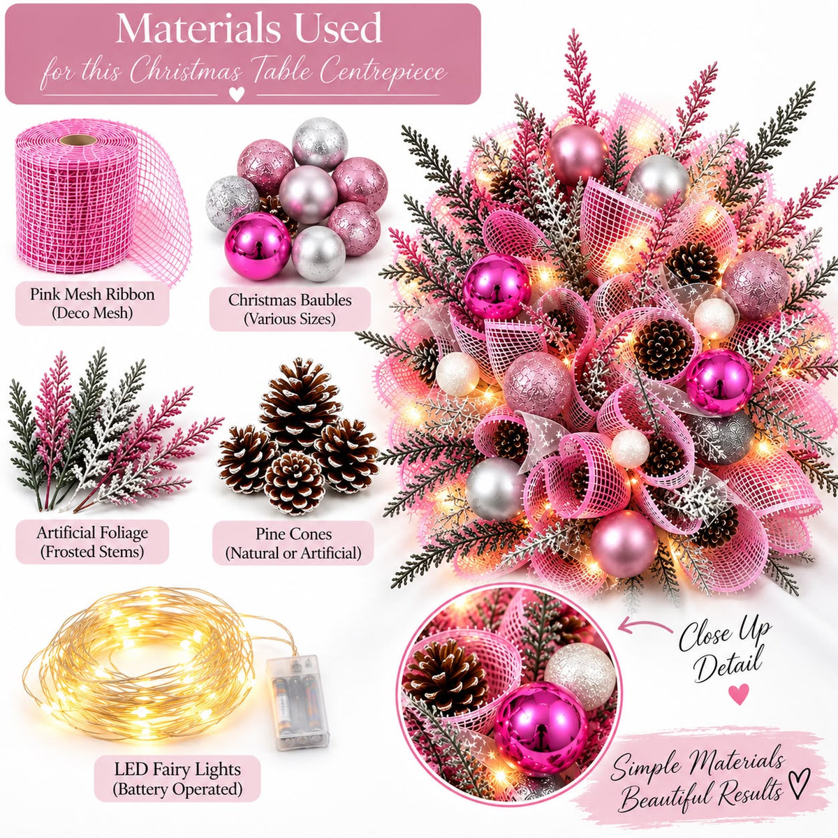 Luxury Pink & Silver Christmas Table Centrepiece – Handmade Festive Decoration with LED Lights