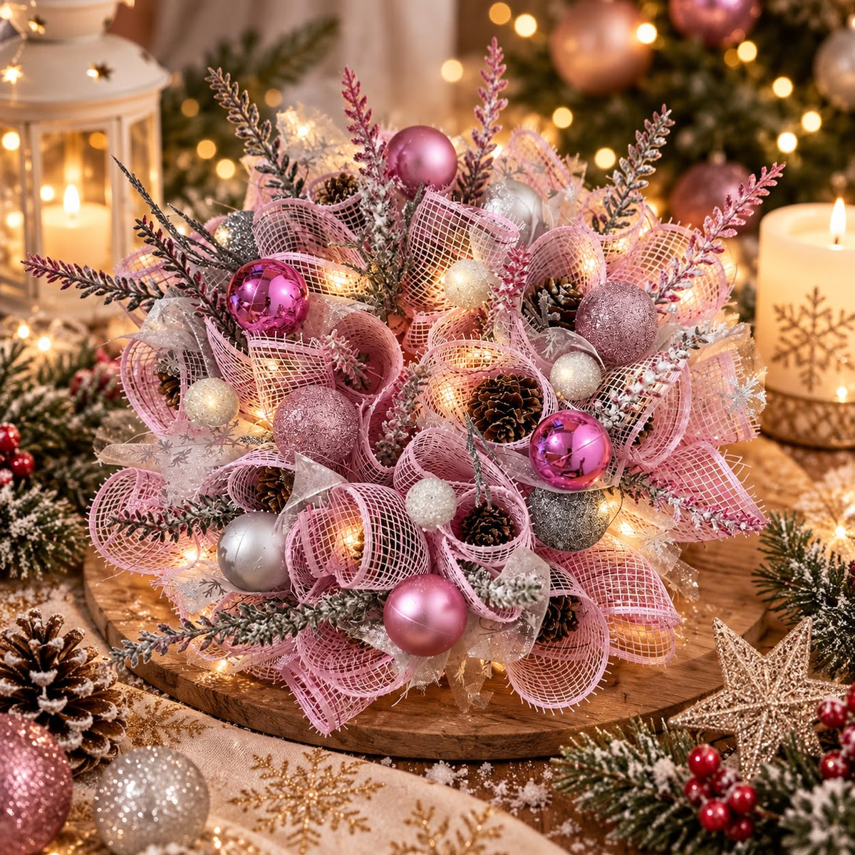 Luxury Pink & Silver Christmas Table Centrepiece – Handmade Festive Decoration with LED Lights