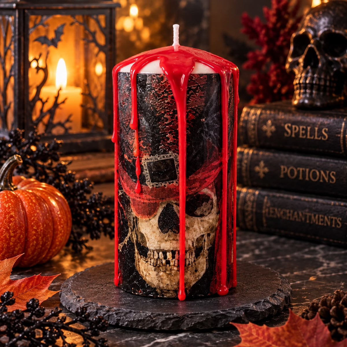 Halloween Skull Pillar Candle – Handmade Gothic Candle with Red Wax Drips