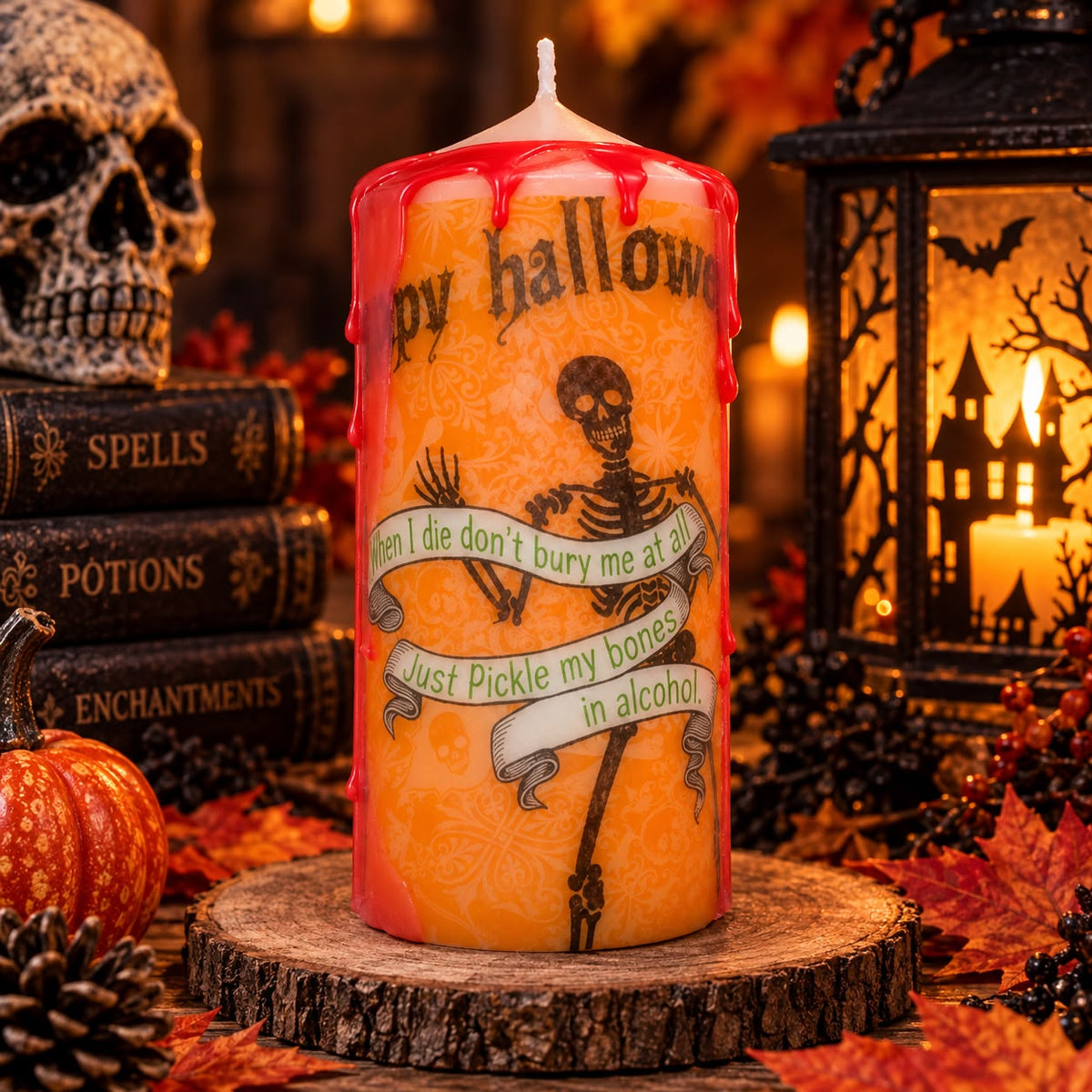 Handmade Halloween Pillar Candle – Spooky Skeleton Decor, Orange Gothic Candle