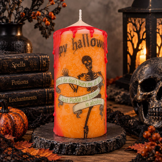 Handmade Halloween Pillar Candle – Spooky Skeleton Decor, Orange Gothic Candle