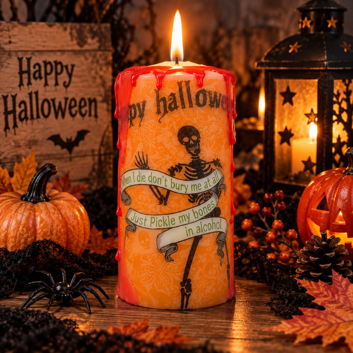 Handmade Halloween Pillar Candle – Spooky Skeleton Decor, Orange Gothic Candle
