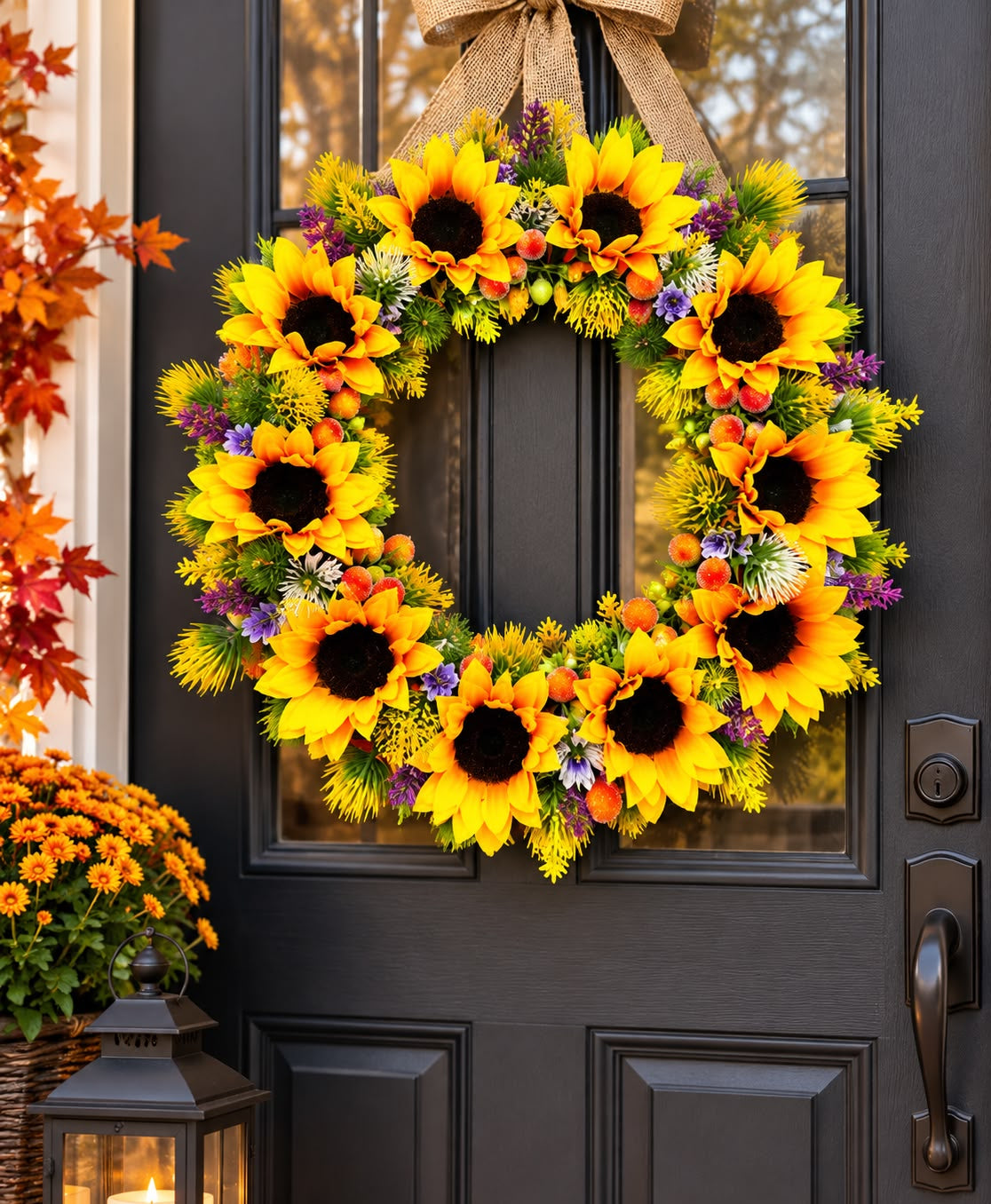 Handmade Sunflower Autumn Wreath With Lights