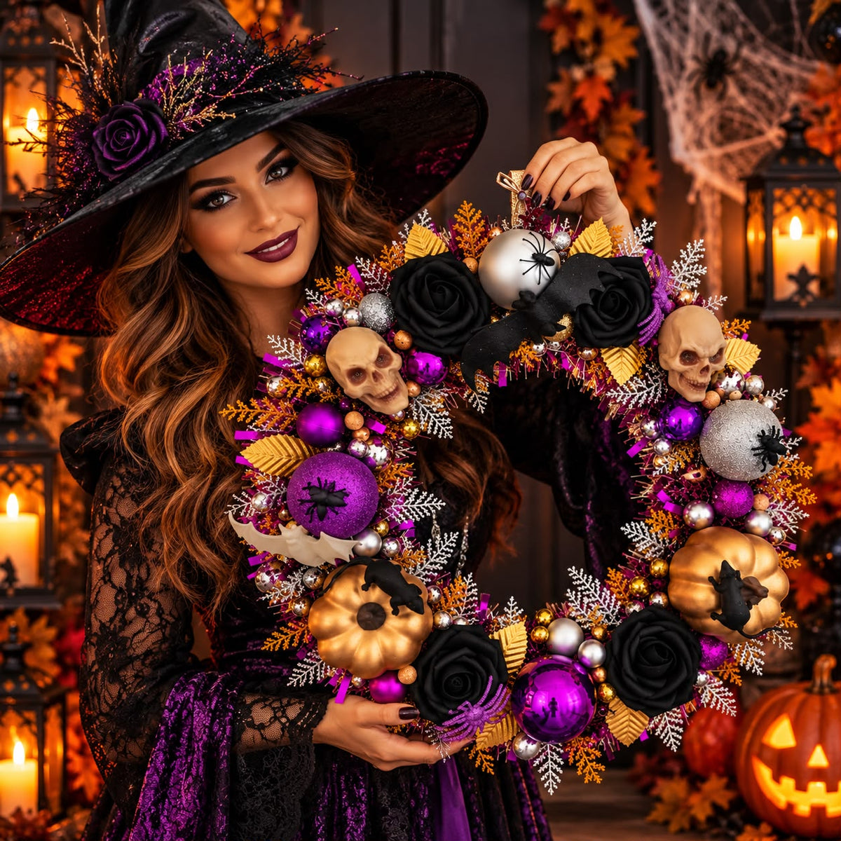 Halloween Wreath 40cm – Black Purple & Orange Skull, Spider & Pumpkin Door Decoration