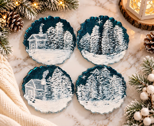 Handmade Winter Scene Resin Coasters – Set of 4 | Hand-Painted Christmas Home Decor