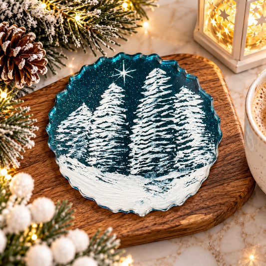 Handmade Winter Scene Resin Coasters – Set of 4 | Hand-Painted Christmas Home Decor