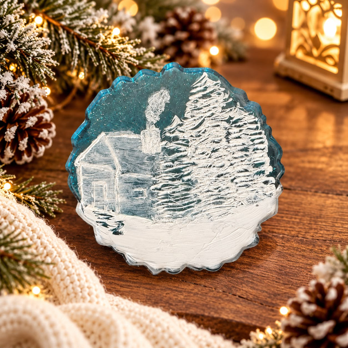 Handmade Winter Scene Resin Coasters – Set of 4 | Hand-Painted Christmas Home Decor