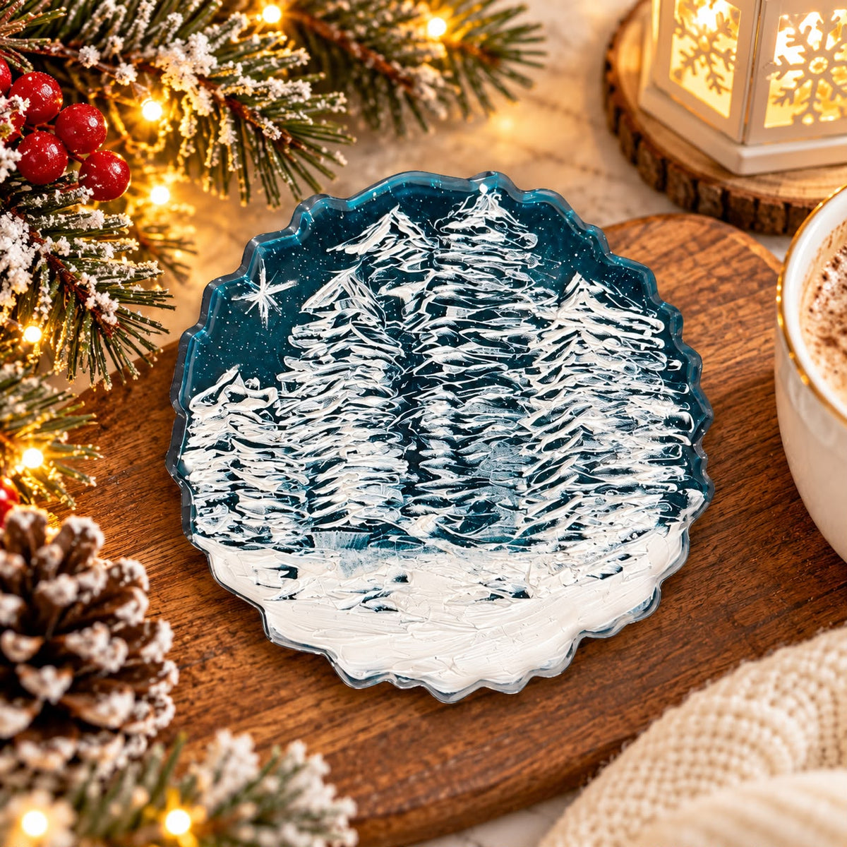 Handmade Winter Scene Resin Coasters – Set of 4 | Hand-Painted Christmas Home Decor