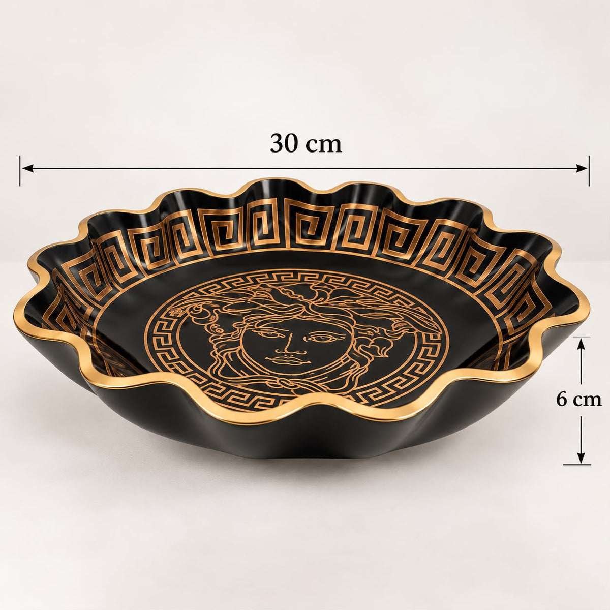 Greek Key Decorative Fruit Bowl – Black Resin with Gold Accents