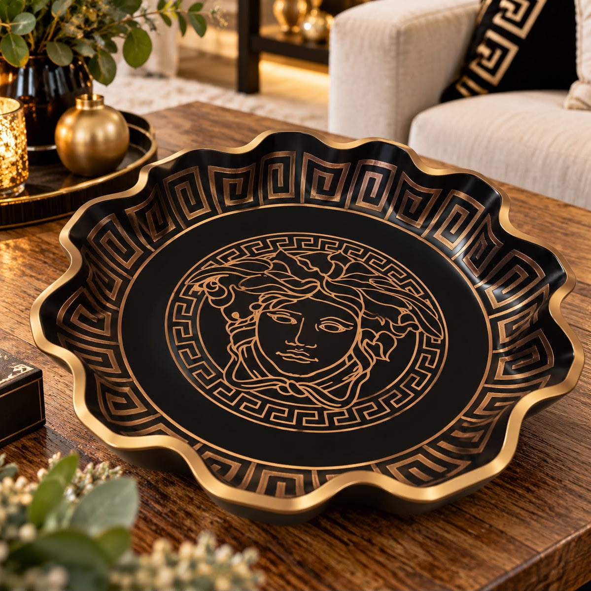 Greek Key Decorative Fruit Bowl – Black Resin with Gold Accents