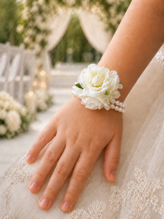 Flower Girl White Rose Wrist Corsage | Elegant Wedding Pearl Bracelet