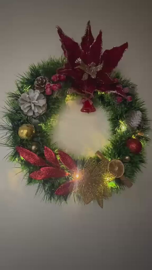 40cm Christmas Door Wreath – Handmade Red, Green & Gold or Silver Festive Wreath with Lights