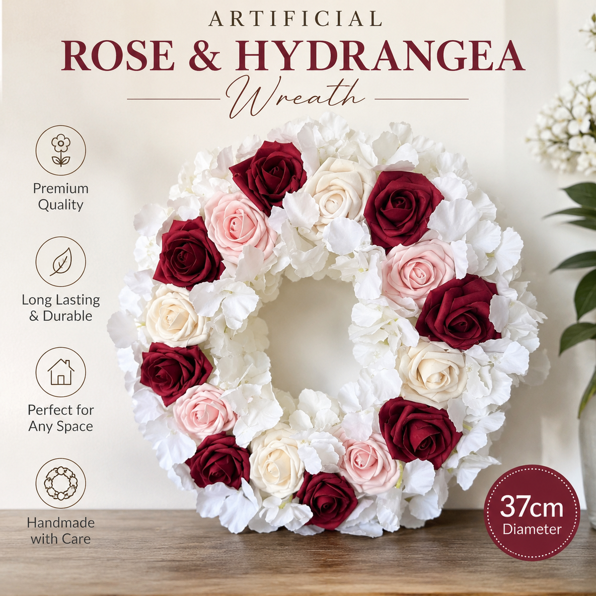 Artificial Home Decoration White Hydrangea with Roses Wreath White & Red Pink