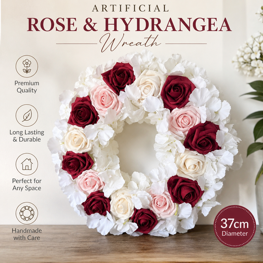 Artificial Home Decoration White Hydrangea with Roses Wreath White & Red Pink